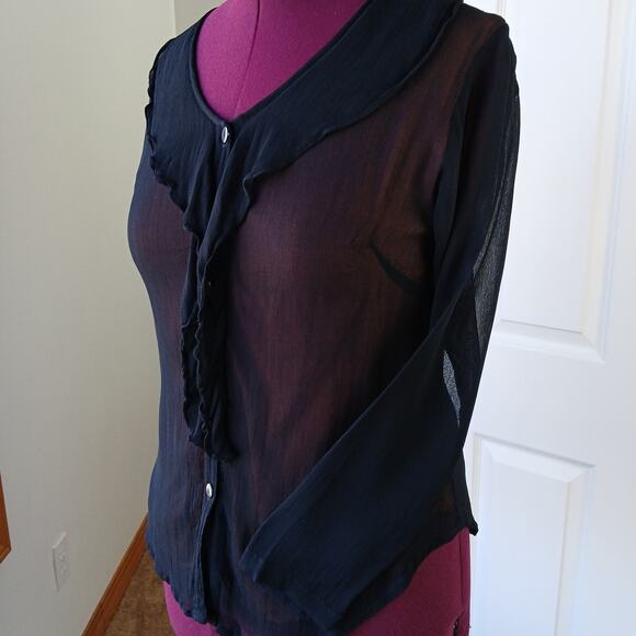 Vintage 1990s Phool Ruffle Collar Blouse M sheer black button up orange lining - Picture 1 of 15